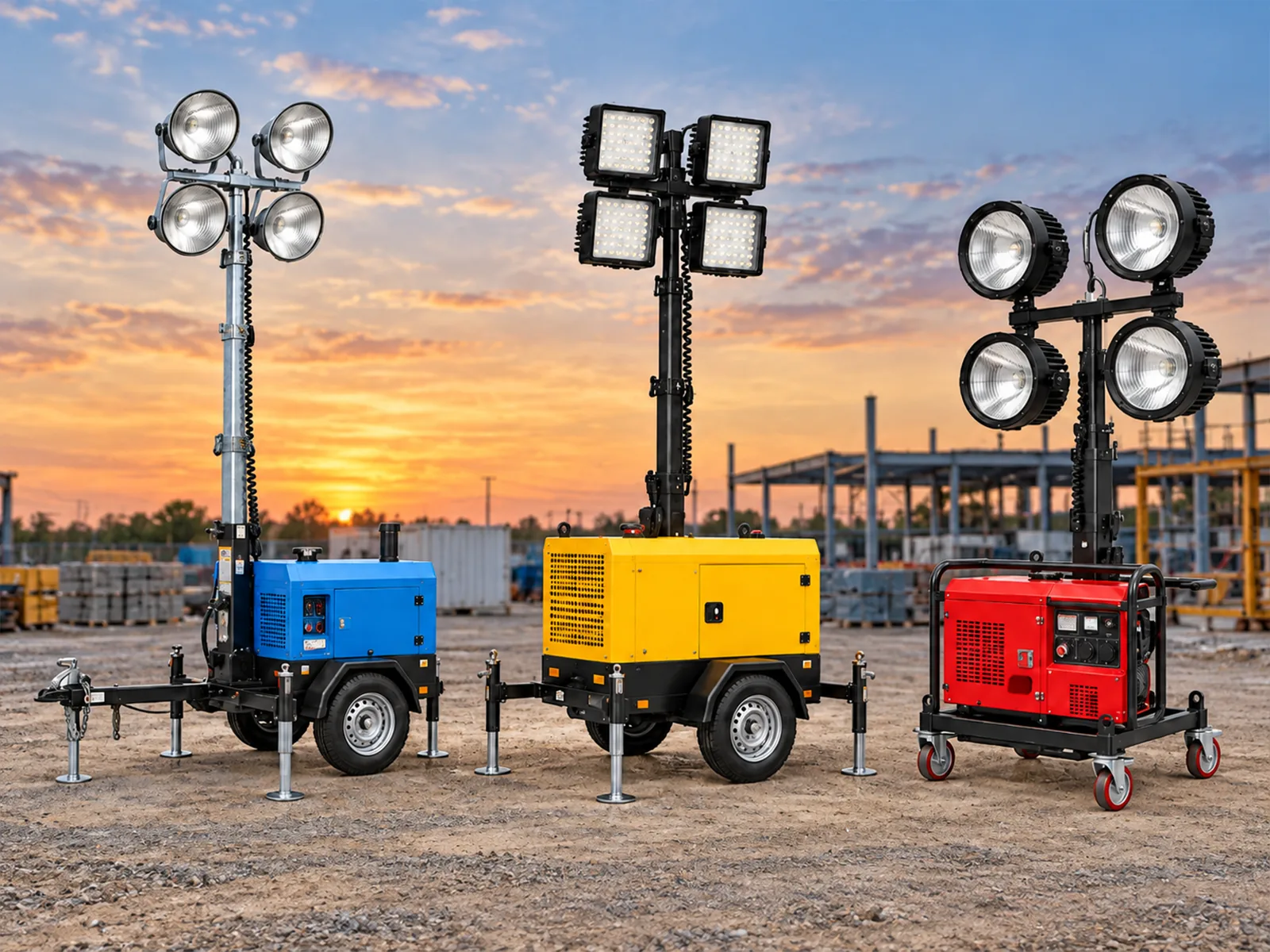 Three mobile lighting towers with masts raised in a work site yard at sunset