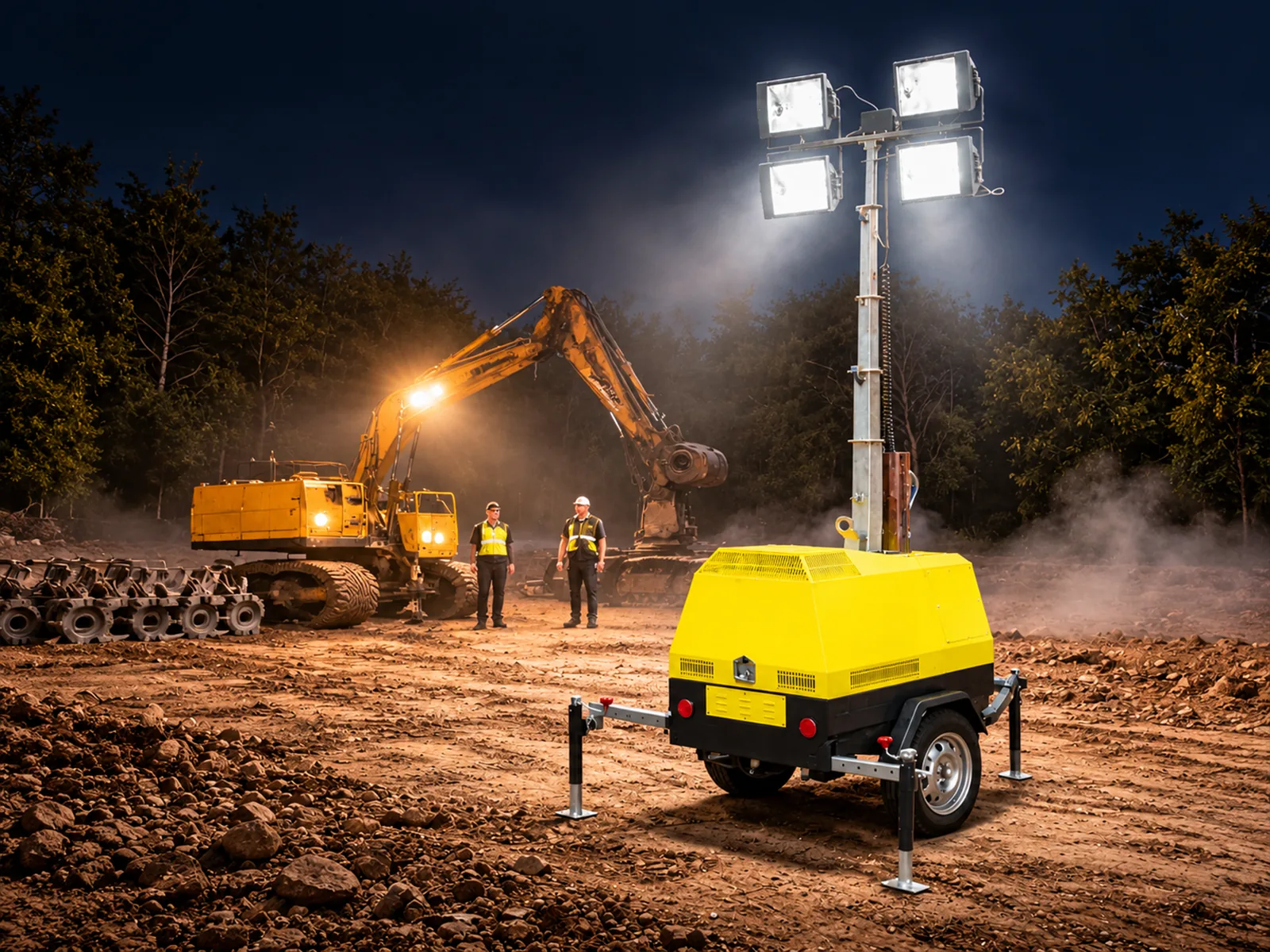 A mobile lighting tower lighting a construction site at night beside an excavator and workers