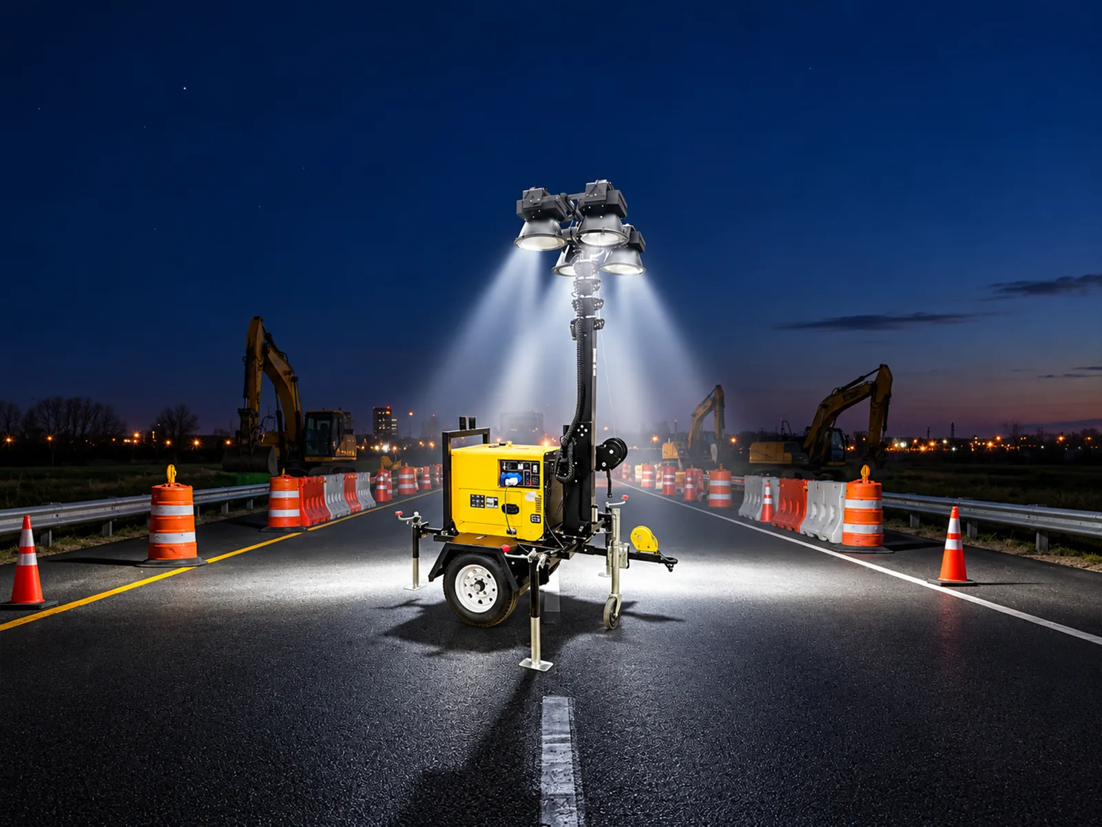 A mobile lighting tower lighting night road works between traffic cones
