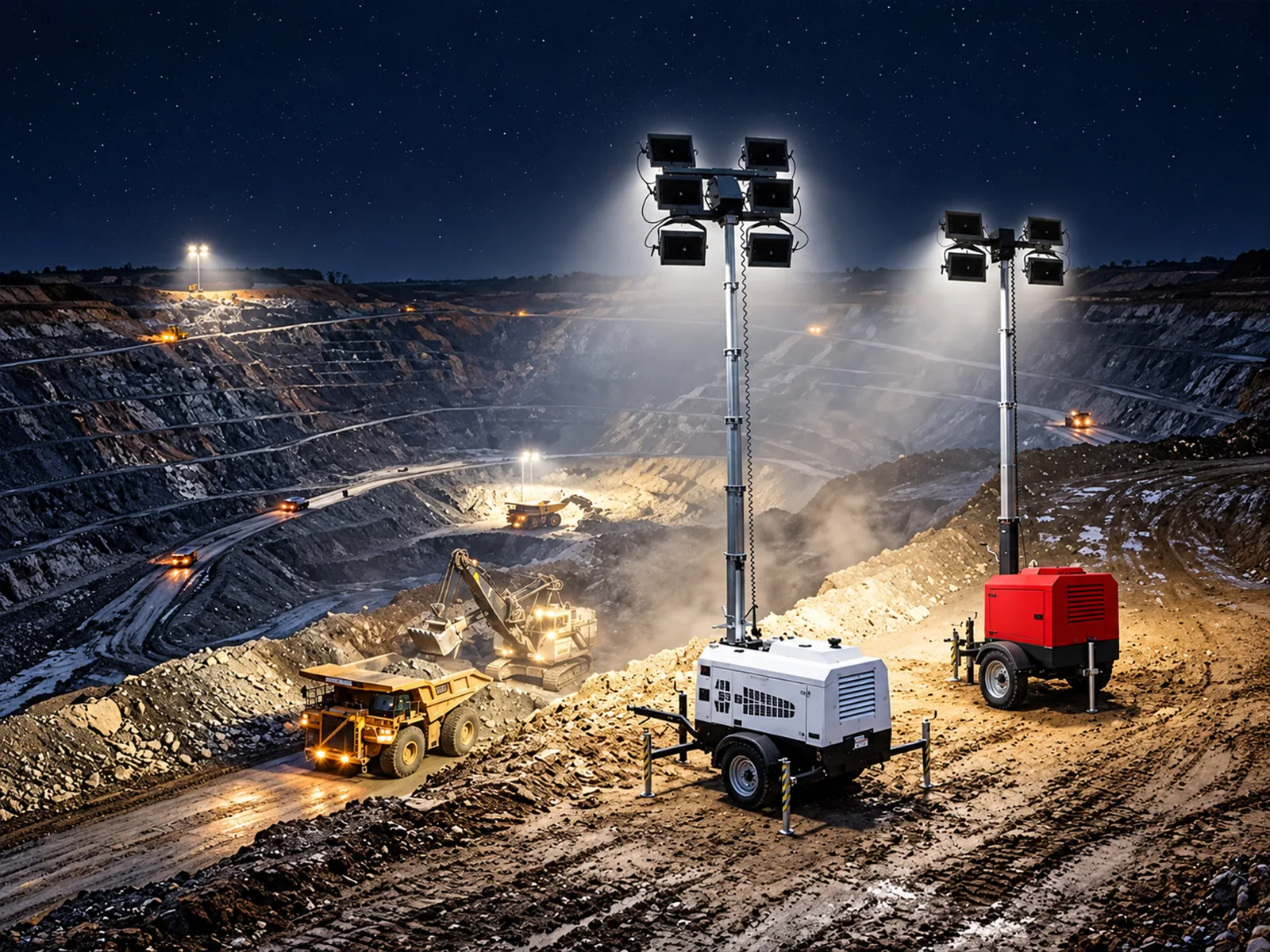 A mobile lighting tower lighting an open pit mine and a haul truck at night