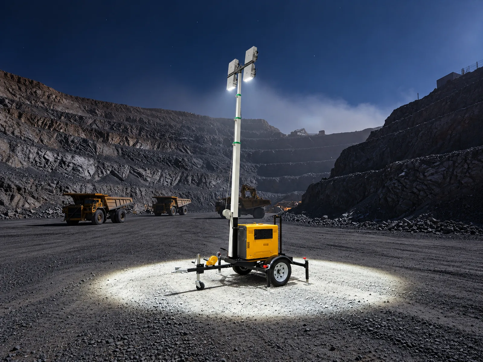 A mobile lighting tower lighting a quarry yard at night