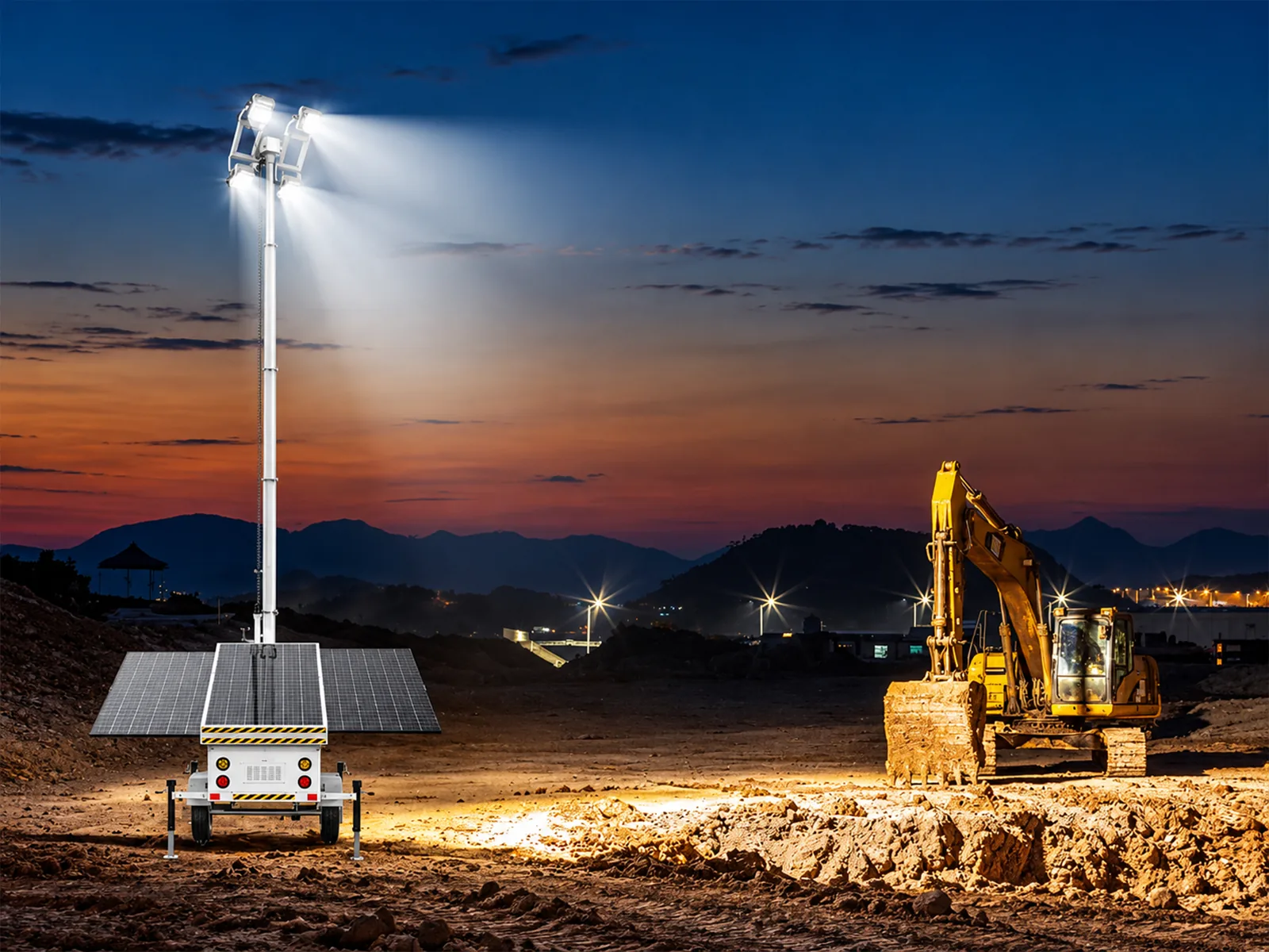 A solar panel lighting tower at a construction site at sunset