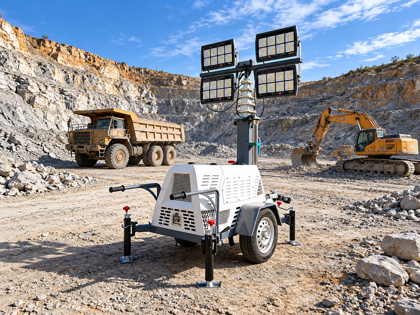 A mobile lighting tower with four floodlights at a quarry by day, beside a truck and an excavator