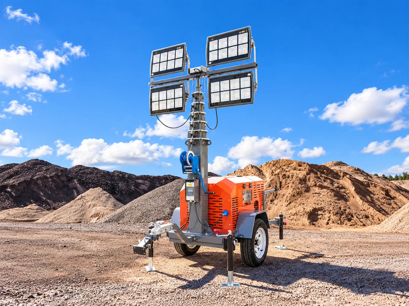 An orange mobile lighting tower at a desert site under a clear sky