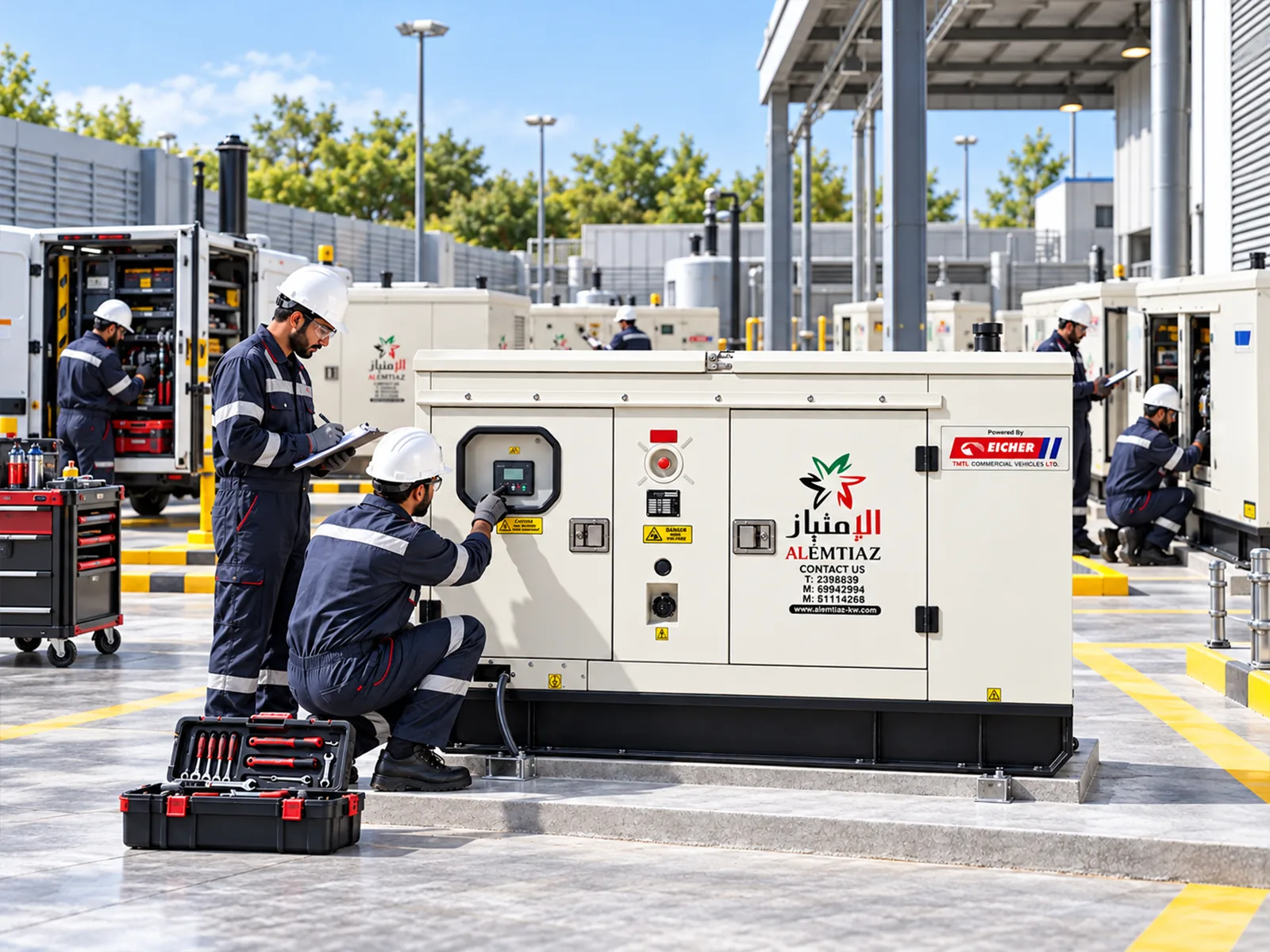 Alemtiaz technicians servicing generators in the maintenance yard