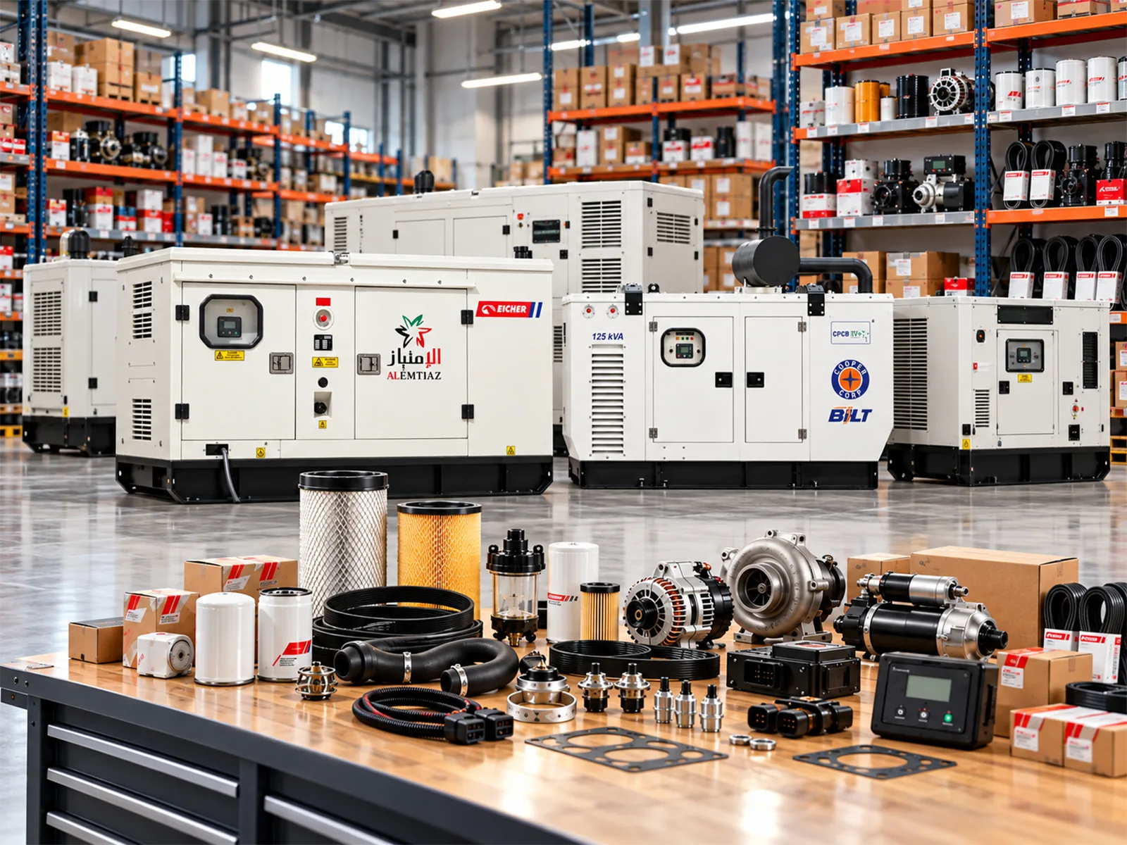 Generator spare parts, including filters, control panels and starter motors, in front of generators in the Alemtiaz warehouse